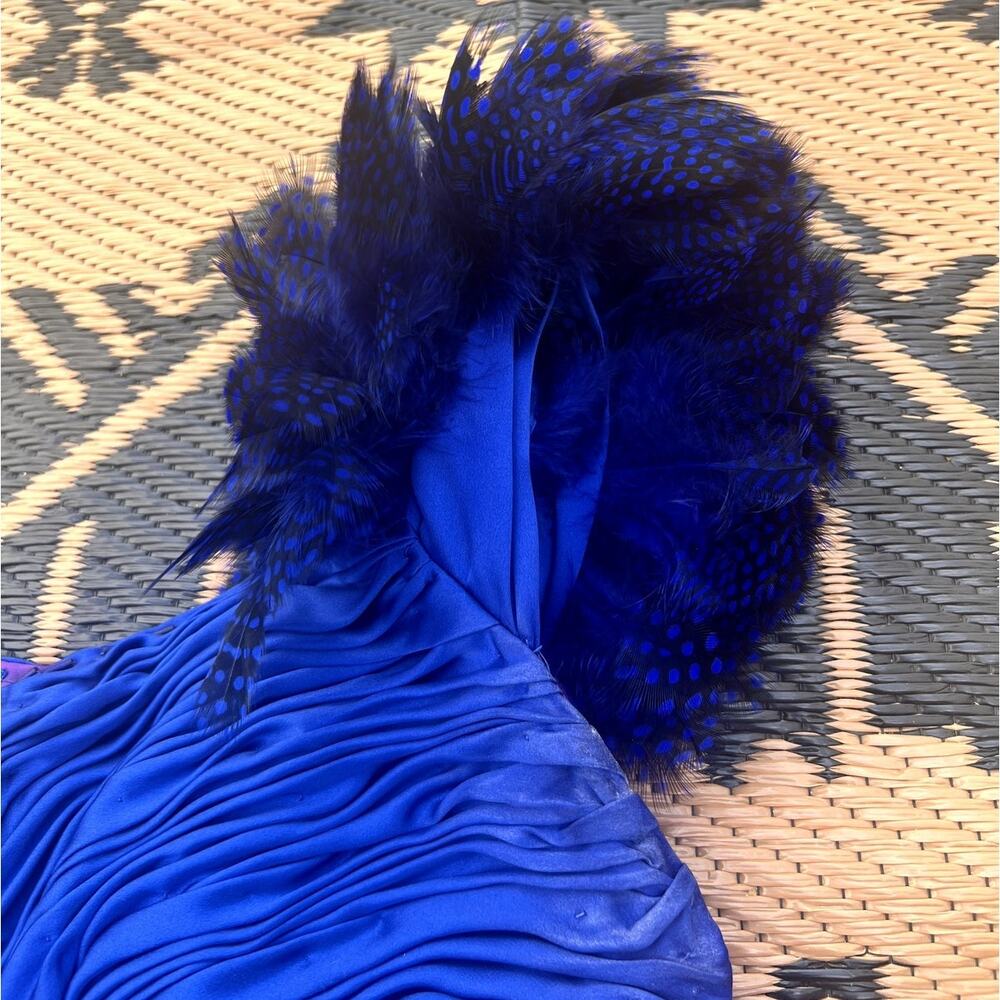 Vtg 80s Custom Made Cobalt Blue Feather Cocktail Dress Ruched Mini Showgirl S/M - Picture 8 of 10